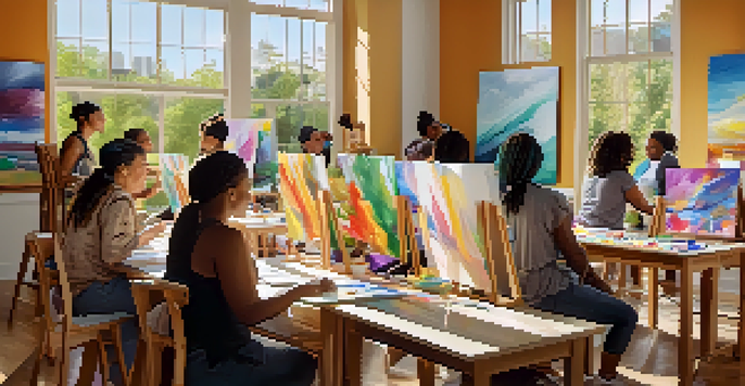 A peaceful art therapy session with diverse individuals painting in a bright studio, surrounded by colorful artwork and soft natural light.