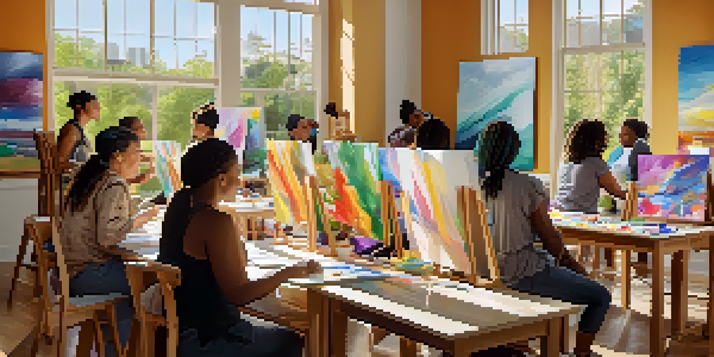 A peaceful art therapy session with diverse individuals painting in a bright studio, surrounded by colorful artwork and soft natural light.
