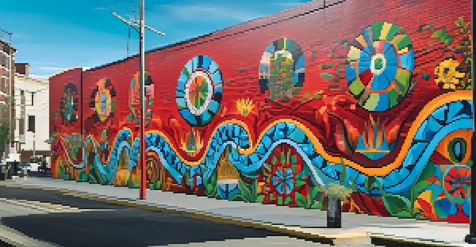 A colorful street mural that combines Indigenous art and modern graffiti, depicting natural and cultural symbols, with people admiring it in an urban setting.
