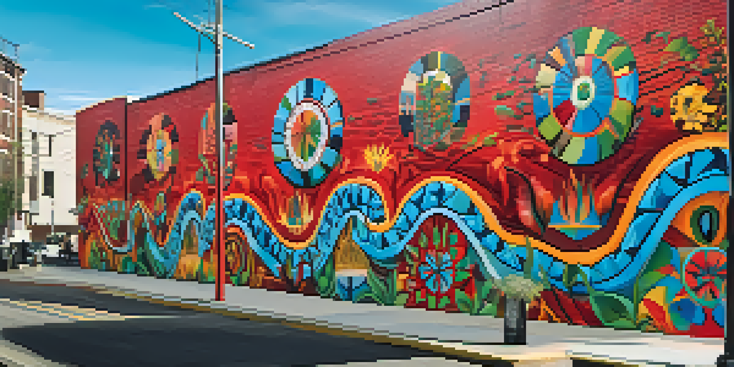 A colorful street mural that combines Indigenous art and modern graffiti, depicting natural and cultural symbols, with people admiring it in an urban setting.