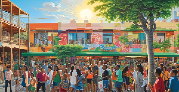 A colorful mural showcasing diverse community members in an urban environment, surrounded by plants and buildings, with bright sunlight illuminating the scene.