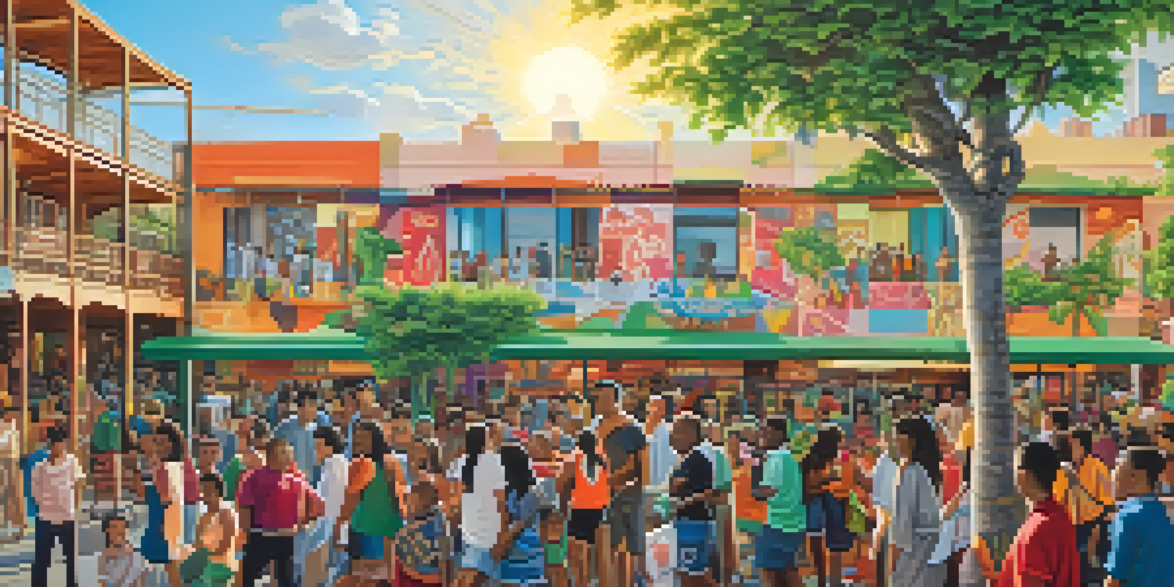 A colorful mural showcasing diverse community members in an urban environment, surrounded by plants and buildings, with bright sunlight illuminating the scene.