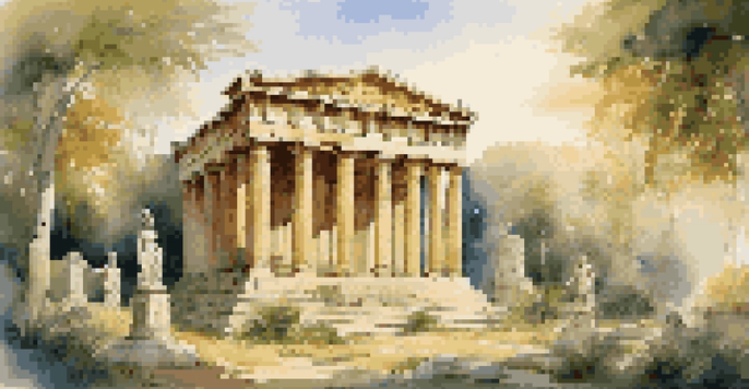 An ancient Greek temple with detailed sculptures of gods and goddesses, surrounded by greenery and illuminated by warm sunlight.