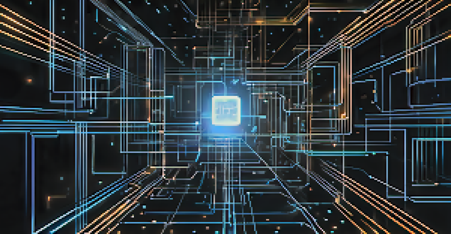 An abstract image of interconnected blocks and glowing circuits representing blockchain technology against a starry background.