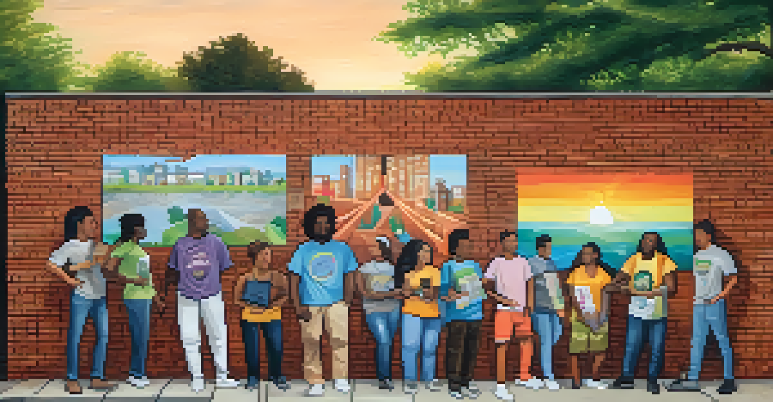 A mural focused on mental health awareness, showcasing supportive individuals and positive messages on a brick wall in a green environment.