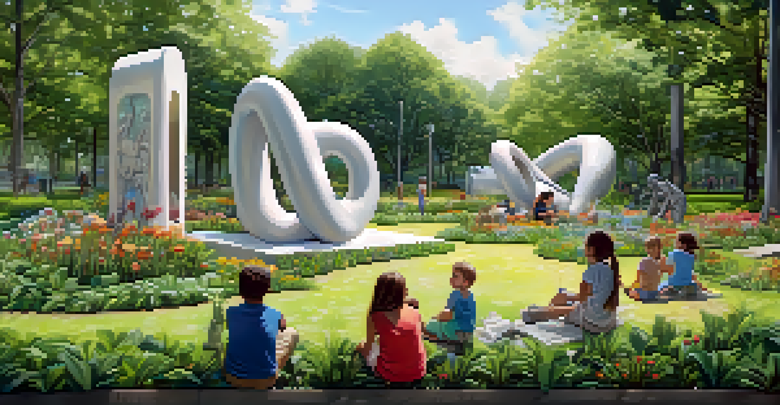 A public art installation in a park made from recycled materials, surrounded by greenery and children playing.