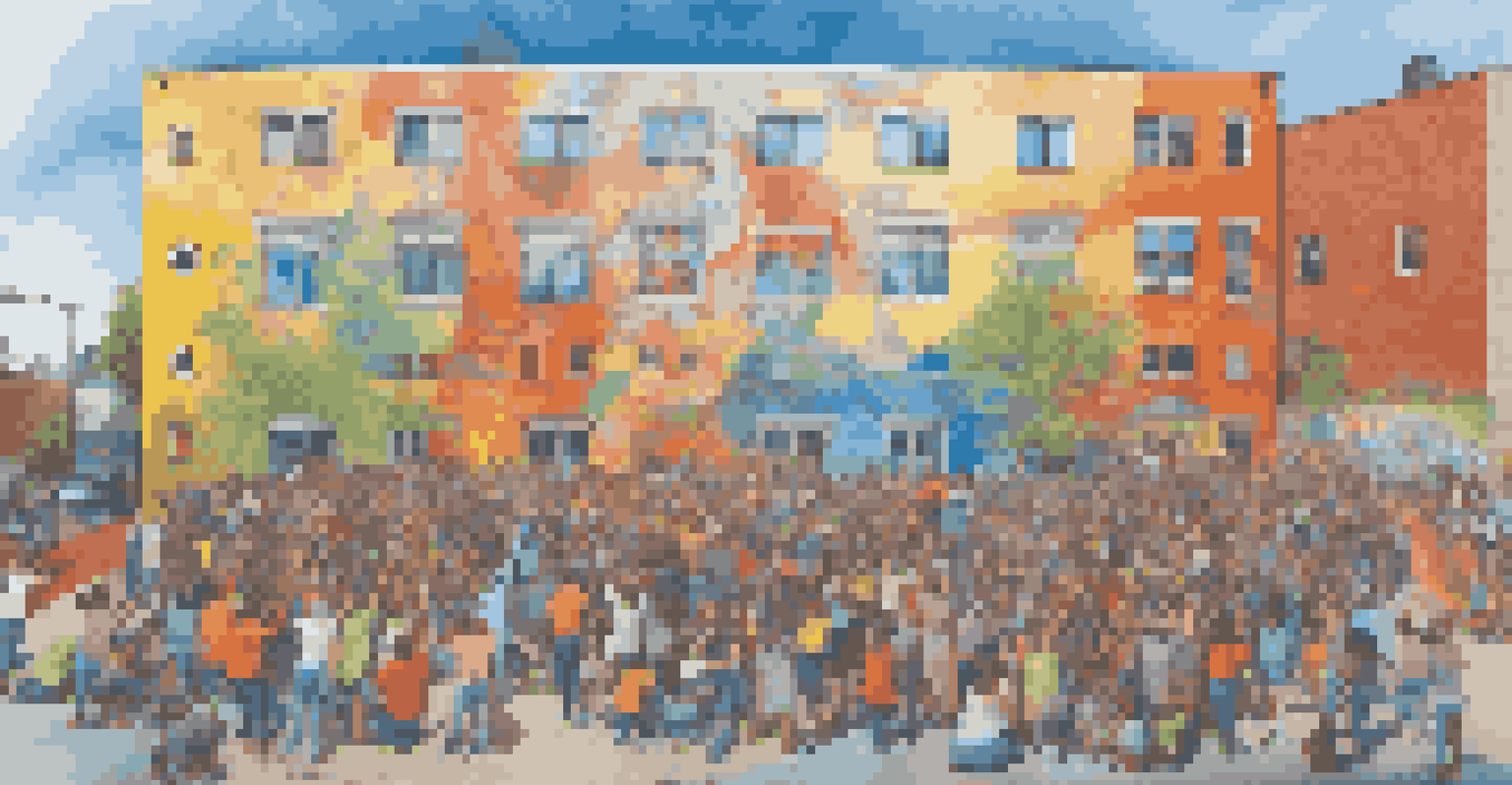 A group of diverse artists and community members collaborating on a large mural, showcasing themes of diversity and unity.