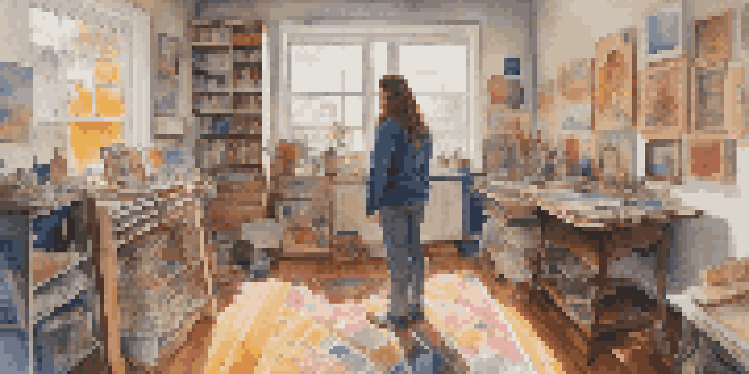 A colorful self-portrait of an artist in their studio, showcasing personal and cultural elements in the artwork around them.