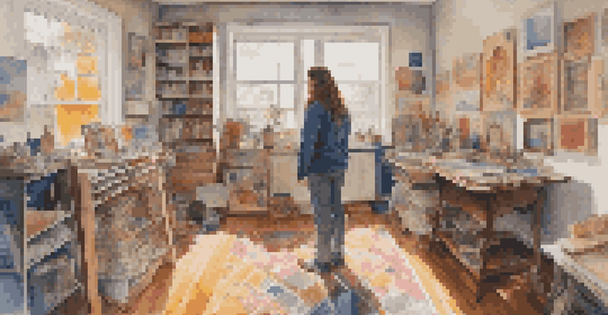 A colorful self-portrait of an artist in their studio, showcasing personal and cultural elements in the artwork around them.