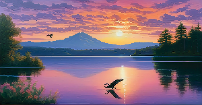 A colorful sunset over a calm lake surrounded by green forests and mountains, with birds flying in the sky.