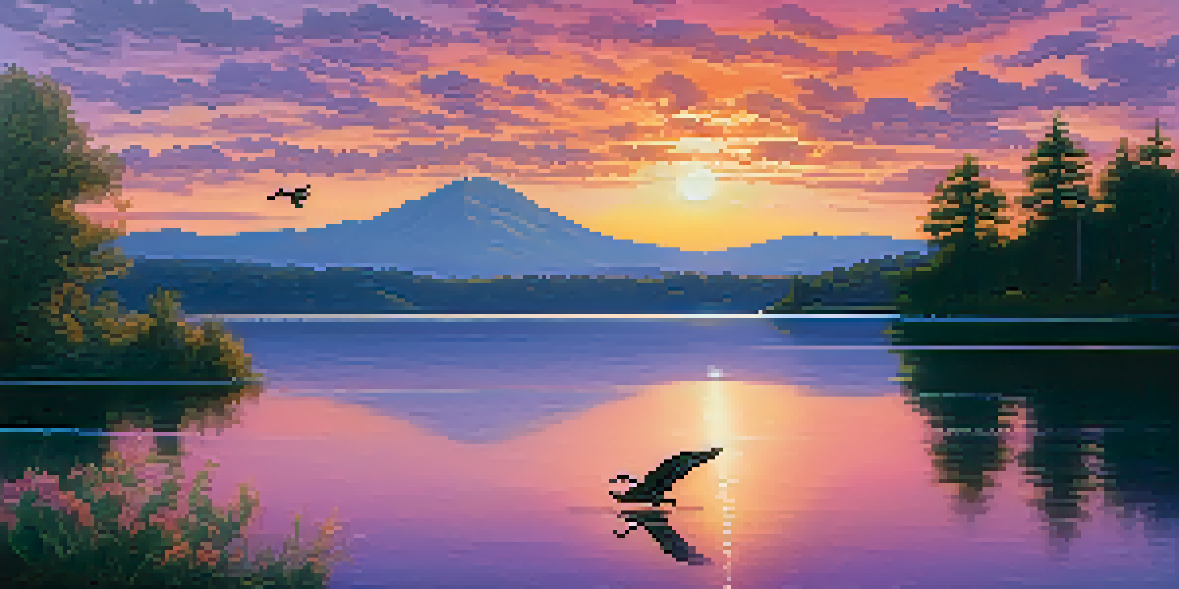 A colorful sunset over a calm lake surrounded by green forests and mountains, with birds flying in the sky.