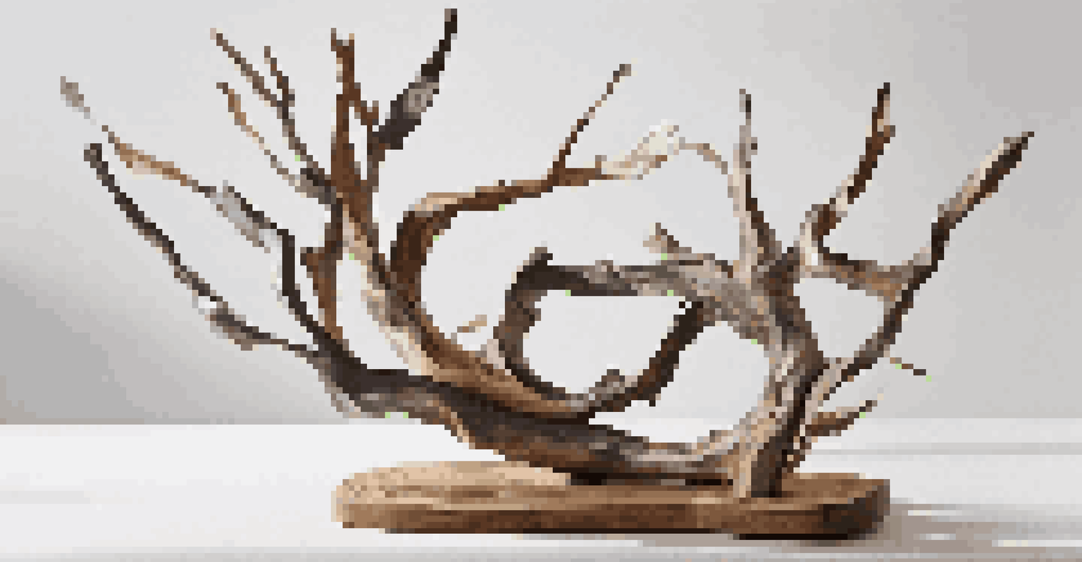 A minimalist sculpture made from repurposed materials resembling an abstract tree, with intricate textures and soft lighting.