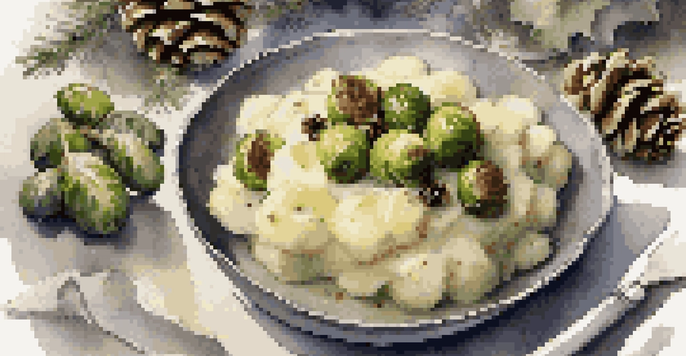 A winter-themed plate featuring creamy mashed potatoes and roasted Brussels sprouts, set in a cozy atmosphere with pinecone decorations and soft lighting.