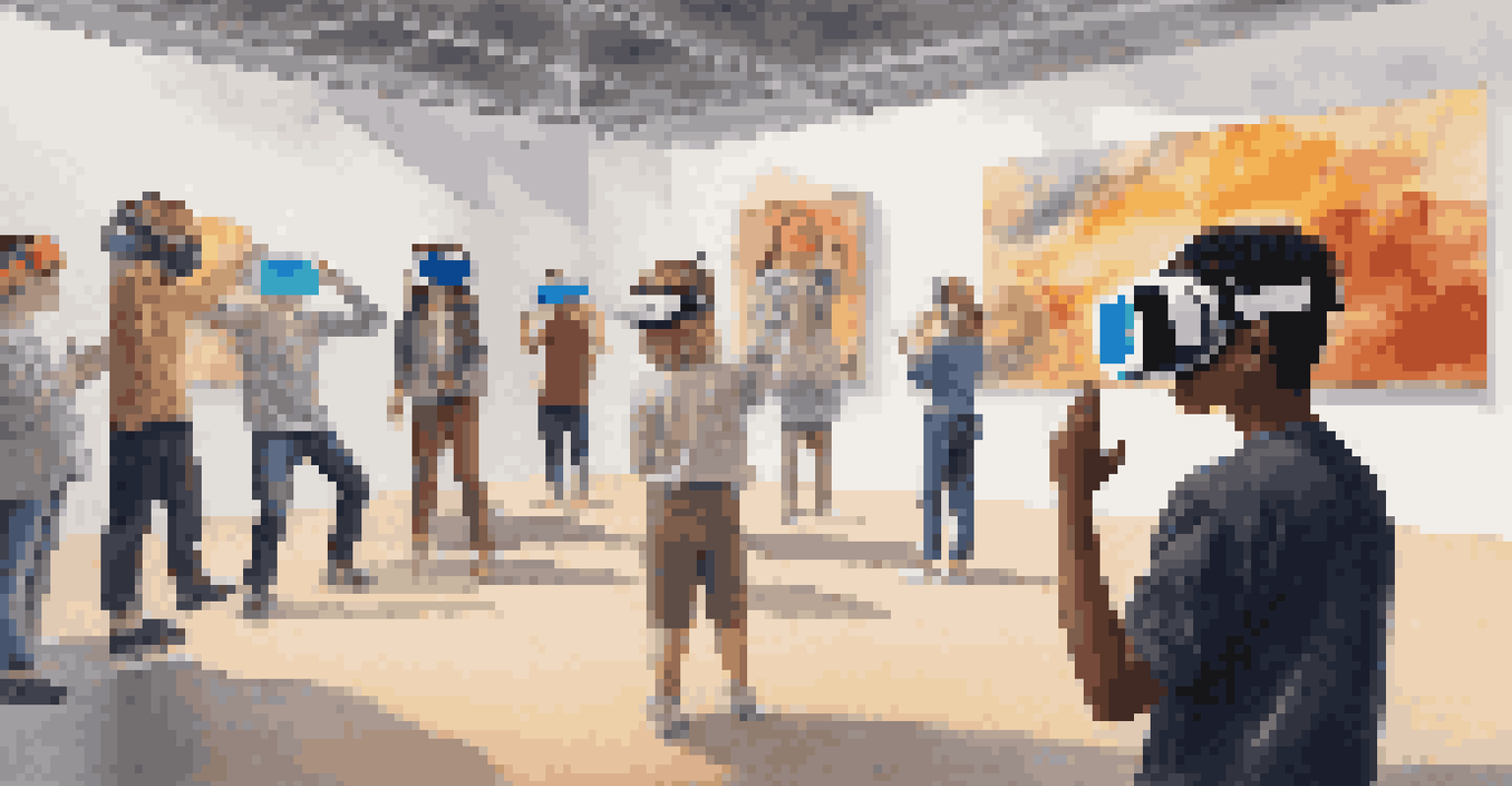 A student wearing VR goggles exploring a 3D art installation in a modern classroom, with peers observing and a famous painting displayed.