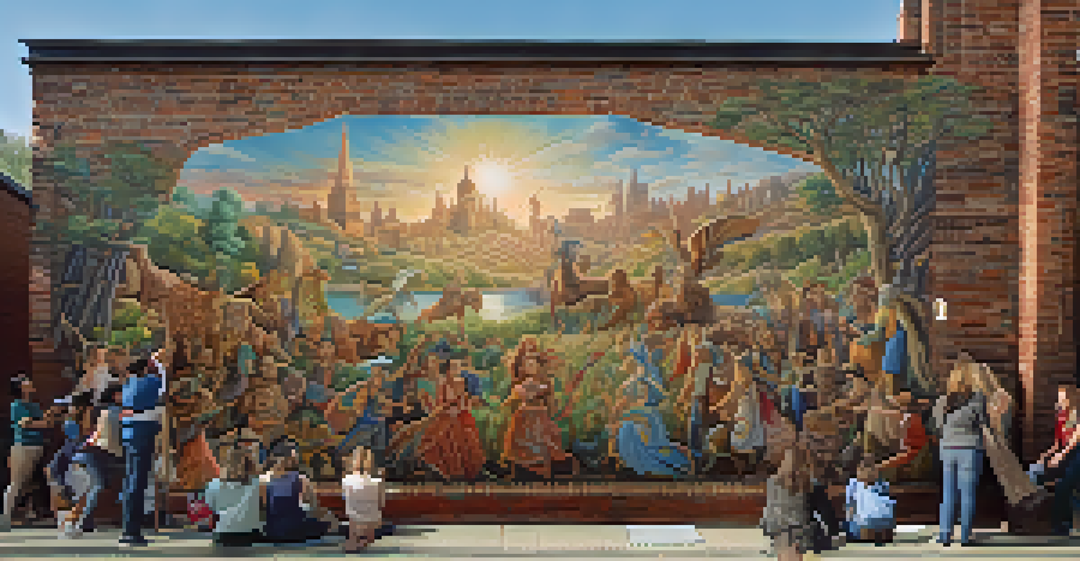 An artist painting a folklore-inspired mural on a brick wall with onlookers around her.