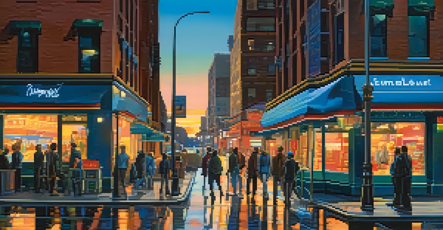 A lively city street in the evening with neon lights and people walking.