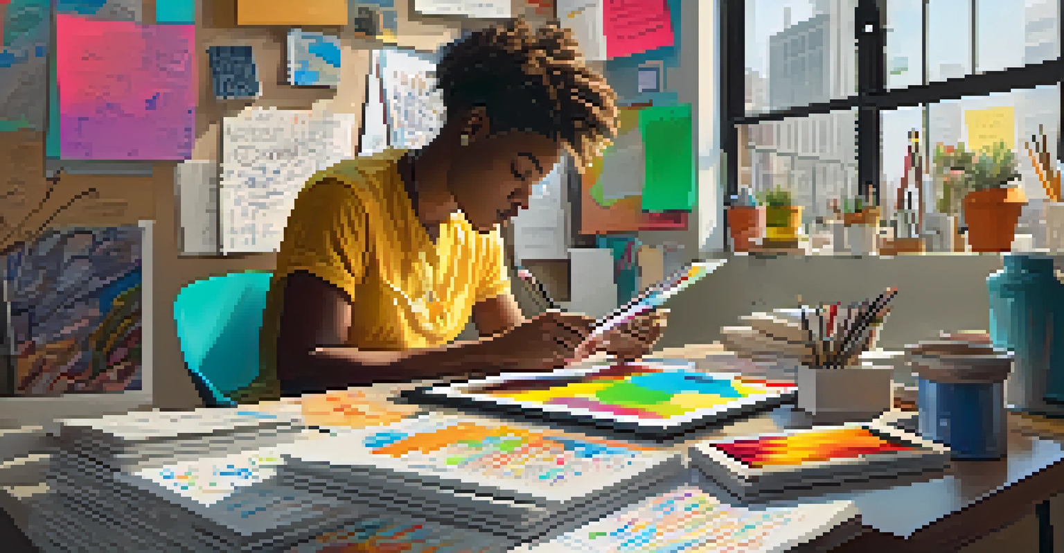 An artist concentrating on a digital artwork about social justice, surrounded by colorful sketches and notes.