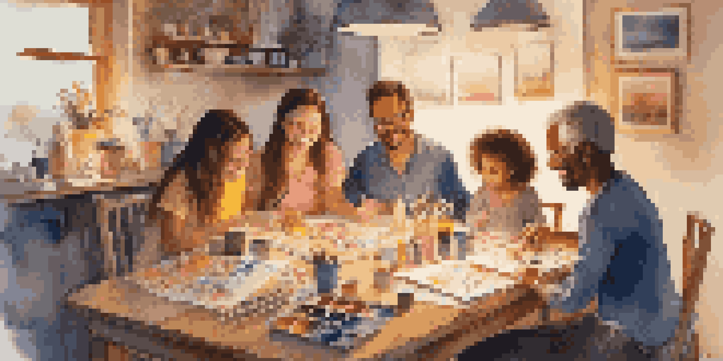 A family having an art night together at a wooden table filled with colorful art supplies, showcasing their creativity in a warm, cozy room.