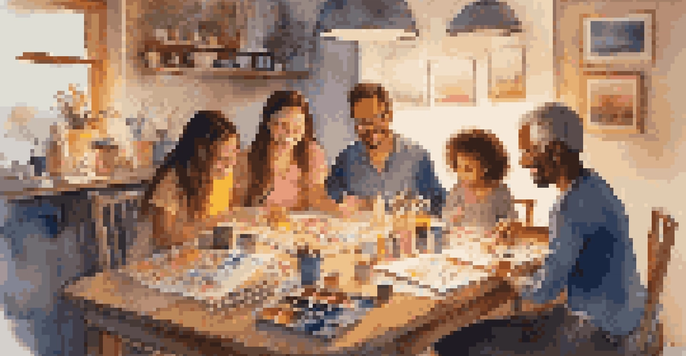 A family having an art night together at a wooden table filled with colorful art supplies, showcasing their creativity in a warm, cozy room.