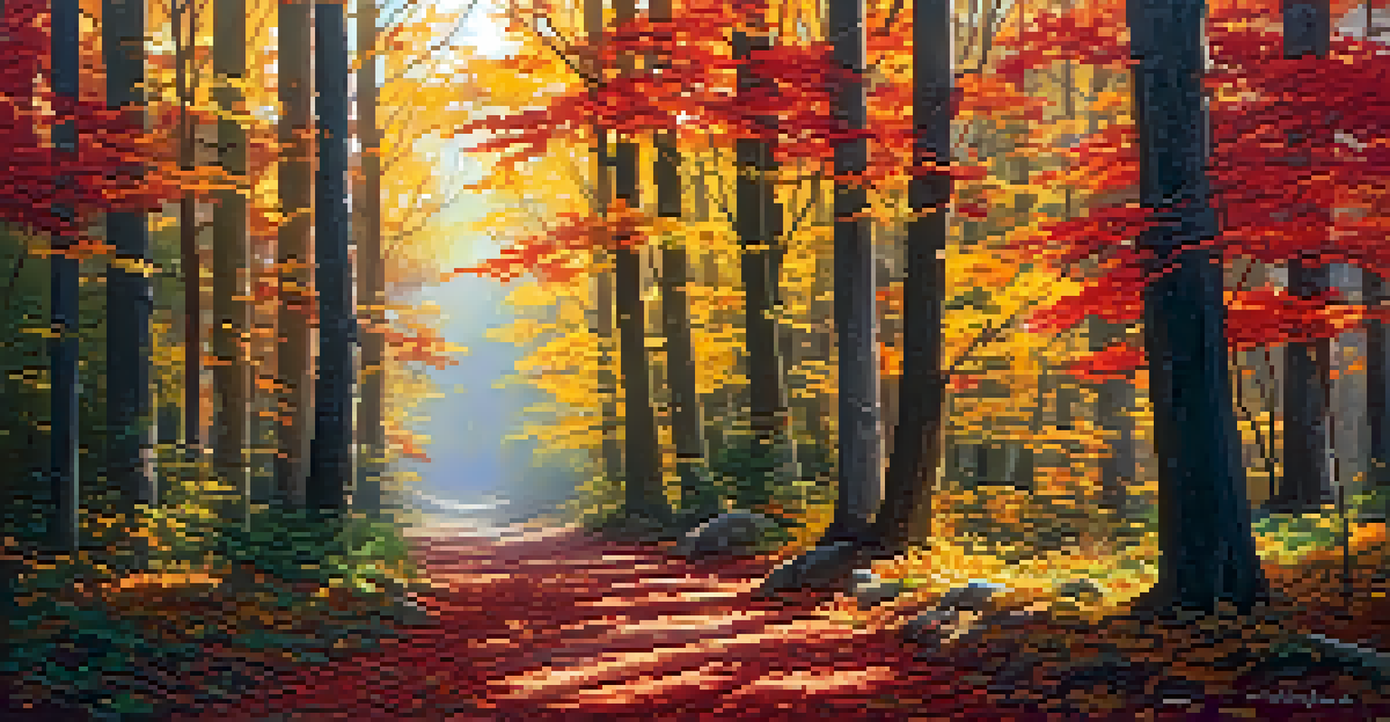 An autumn forest with trees in vivid red, orange, and yellow hues, sunlight streaming through the leaves, and a carpet of fallen leaves on the ground.