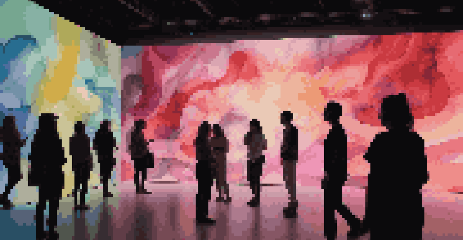 A dark room filled with a constantly changing digital landscape projected on the walls, with visitors moving through the vibrant visuals.