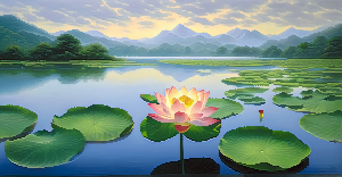 A tranquil pond with a blooming lotus flower, surrounded by green foliage and distant mountains under soft morning light.