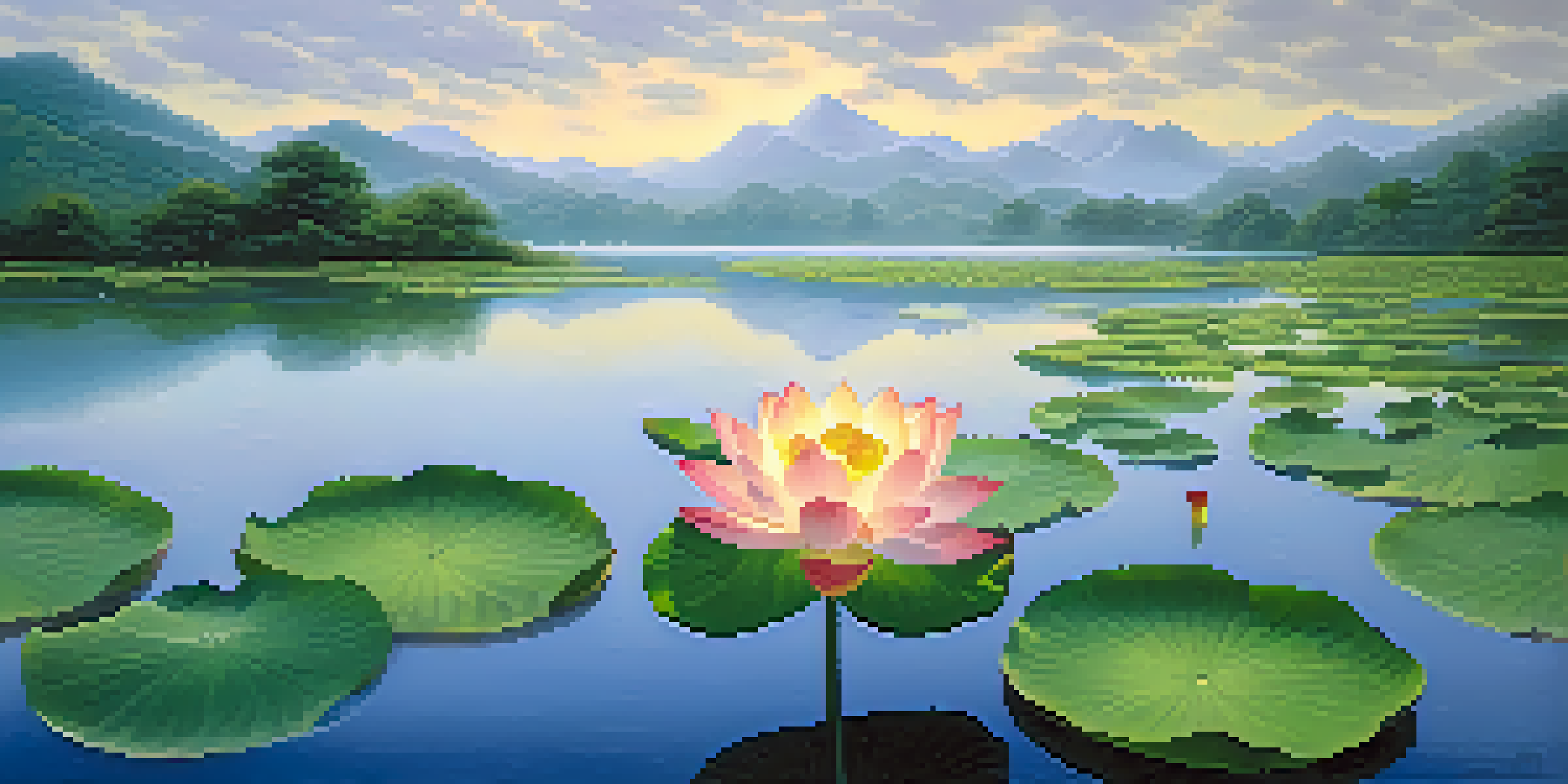 A tranquil pond with a blooming lotus flower, surrounded by green foliage and distant mountains under soft morning light.