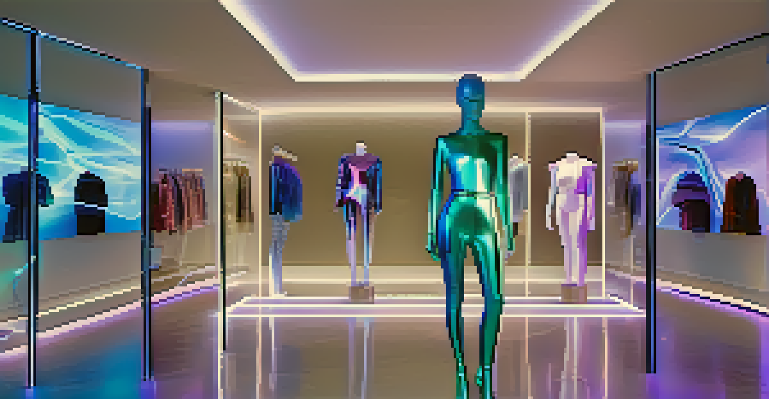 A modern art installation featuring holographic mannequins displaying dynamic digital fashion in a sleek gallery with soft blue and purple lighting.