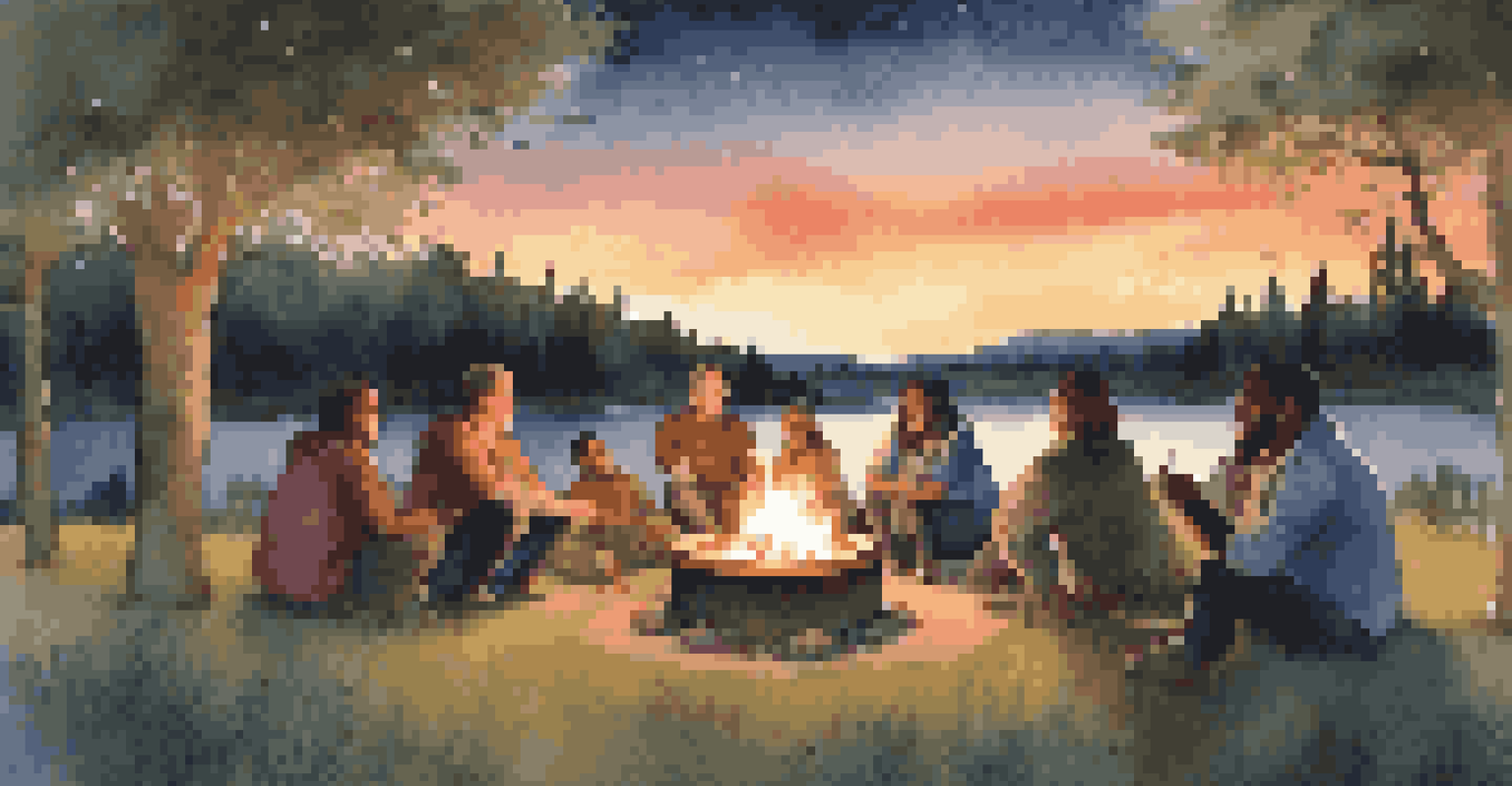 A diverse group of people sharing stories around a fire pit at dusk, surrounded by nature, creating a warm and inviting atmosphere.