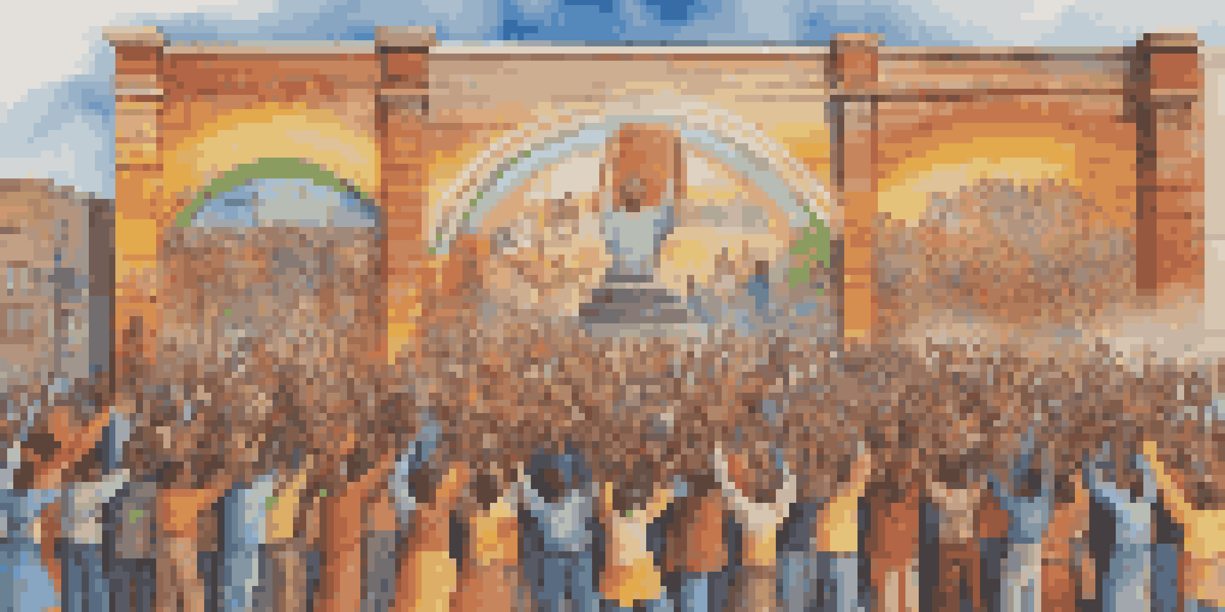 A colorful mural showing diverse individuals participating in a civil rights movement.