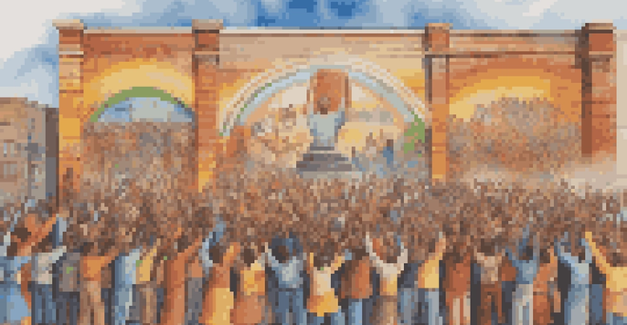 A colorful mural showing diverse individuals participating in a civil rights movement.