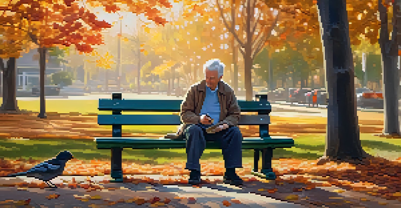 An older man sitting on a park bench in an autumn park, feeding birds with a warm smile.