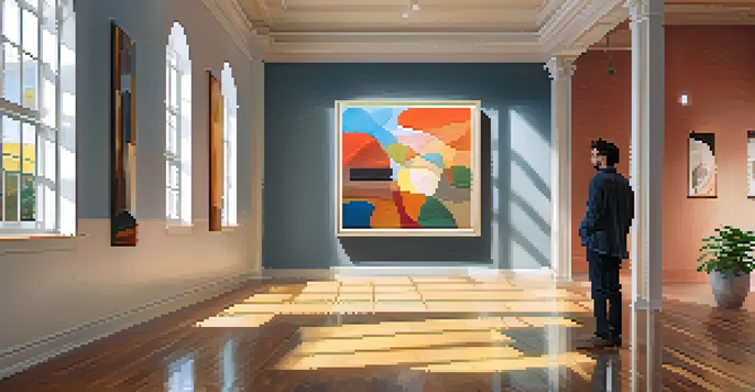 A gallery with bright windows displays various artworks, a person stands thoughtfully in front of an abstract painting.