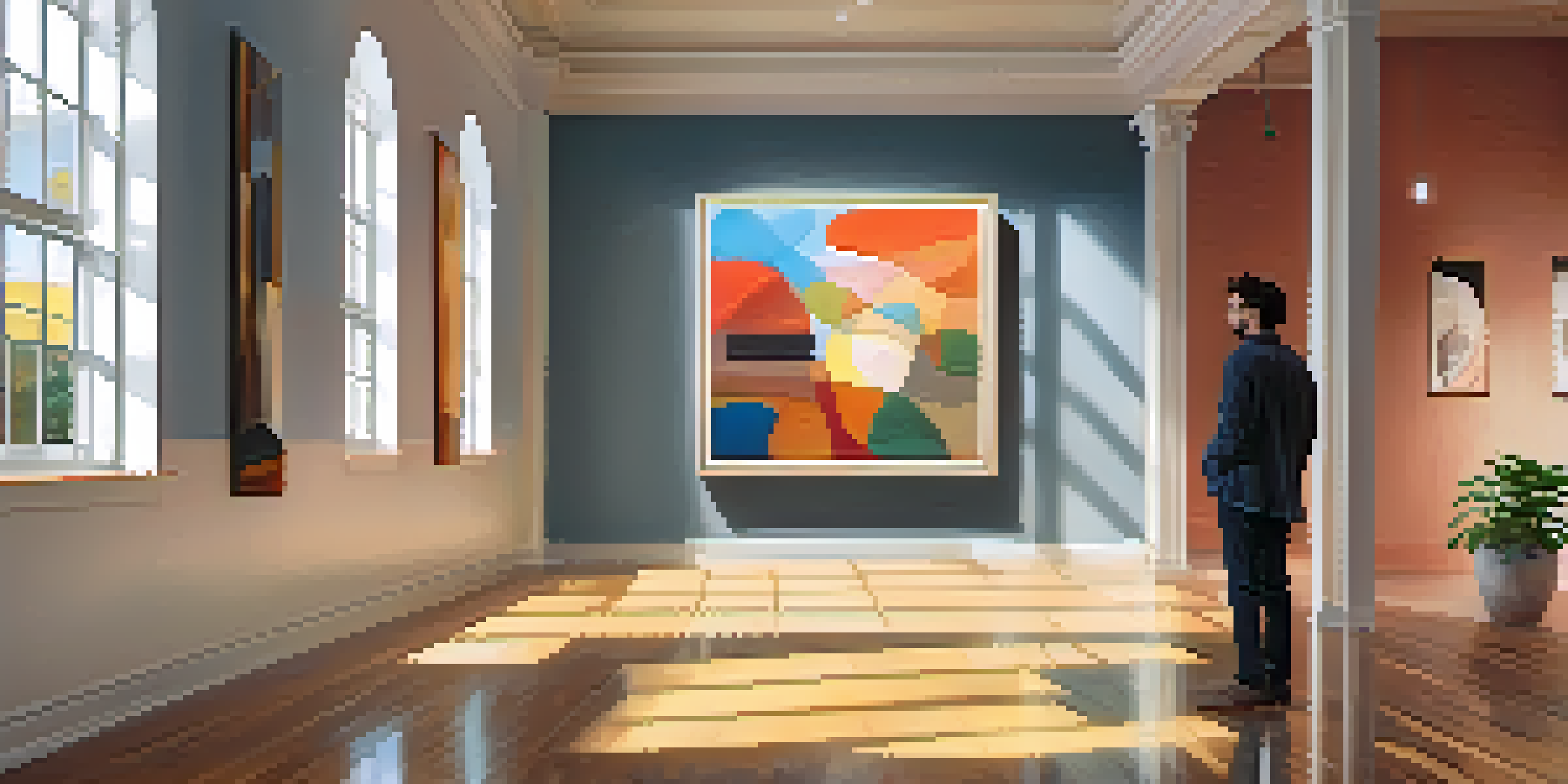 A gallery with bright windows displays various artworks, a person stands thoughtfully in front of an abstract painting.