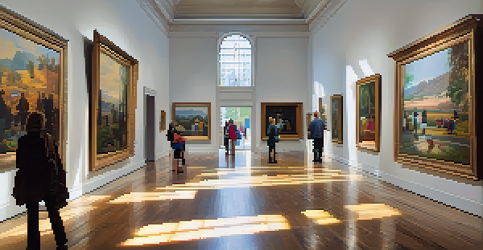 A bright museum interior filled with contemporary art, featuring colorful paintings on white walls and visitors admiring the artwork under natural sunlight.