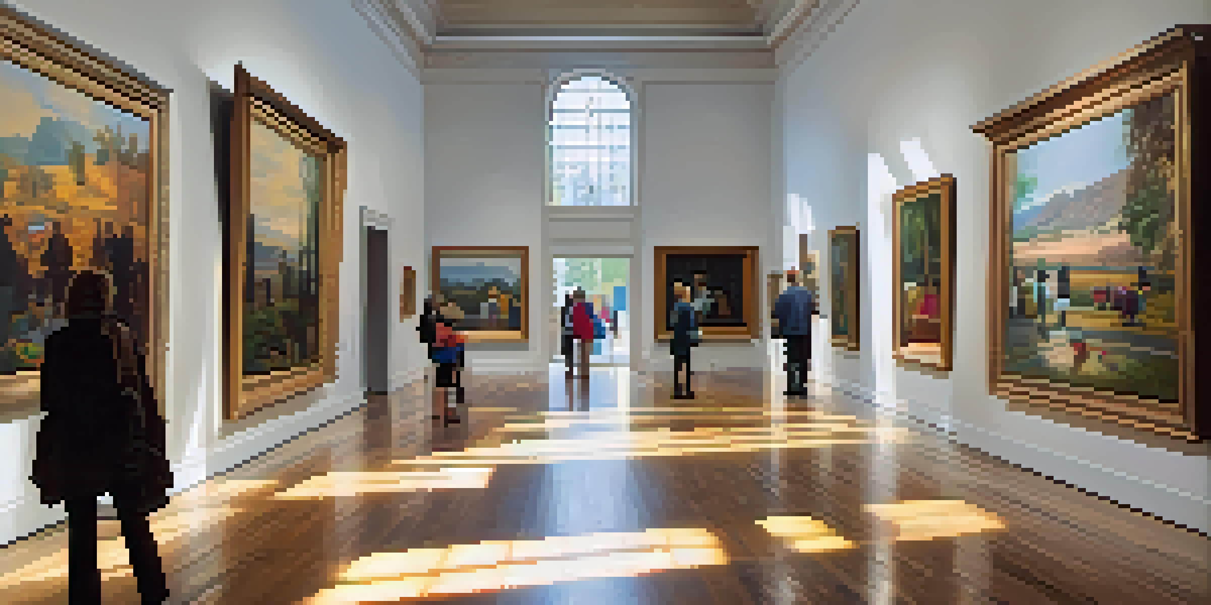 A bright museum interior filled with contemporary art, featuring colorful paintings on white walls and visitors admiring the artwork under natural sunlight.