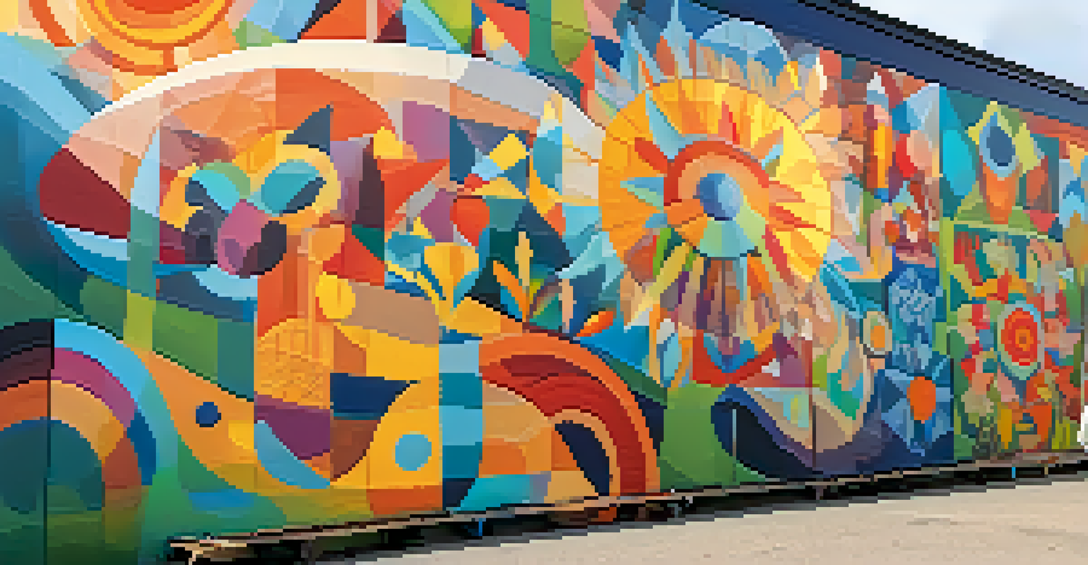 A colorful community mural being painted by diverse individuals outdoors, symbolizing unity and mental health awareness under a sunset.