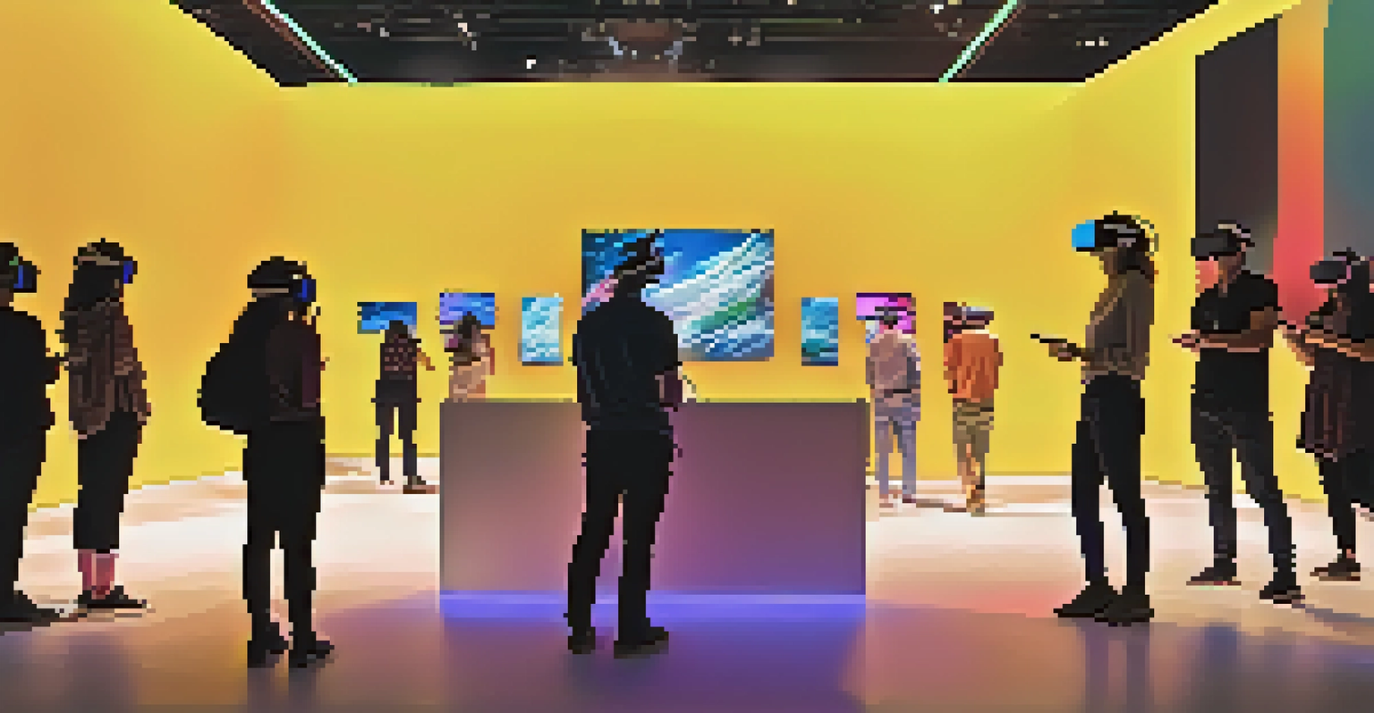 Visitors wearing virtual reality headsets in a modern art exhibition space, surrounded by animated digital art on large screens.