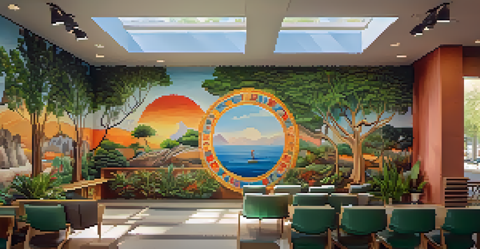 A peaceful healing space with a vibrant mural showcasing local cultural symbols, surrounded by comfortable seating and plants.