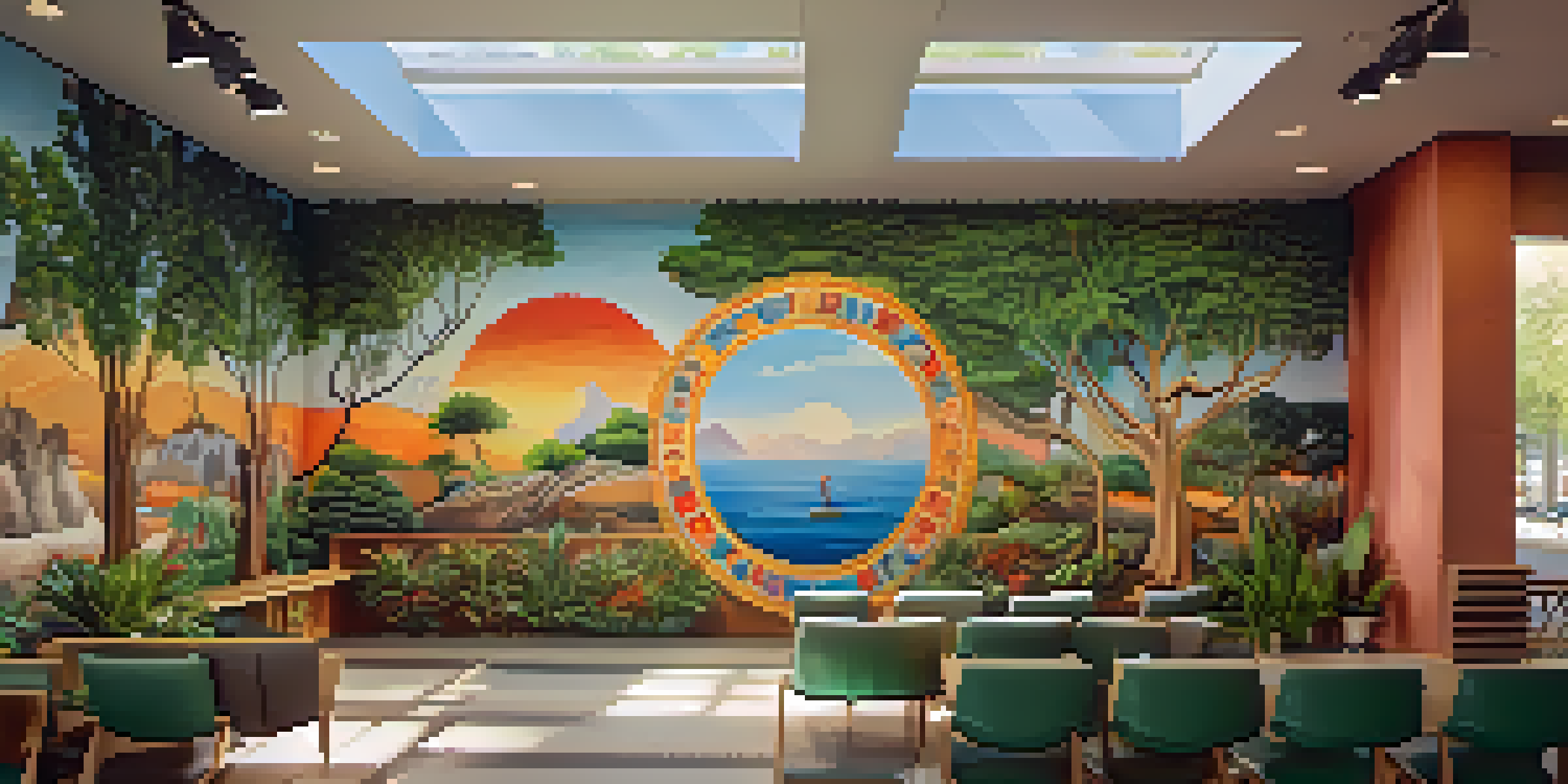 A peaceful healing space with a vibrant mural showcasing local cultural symbols, surrounded by comfortable seating and plants.