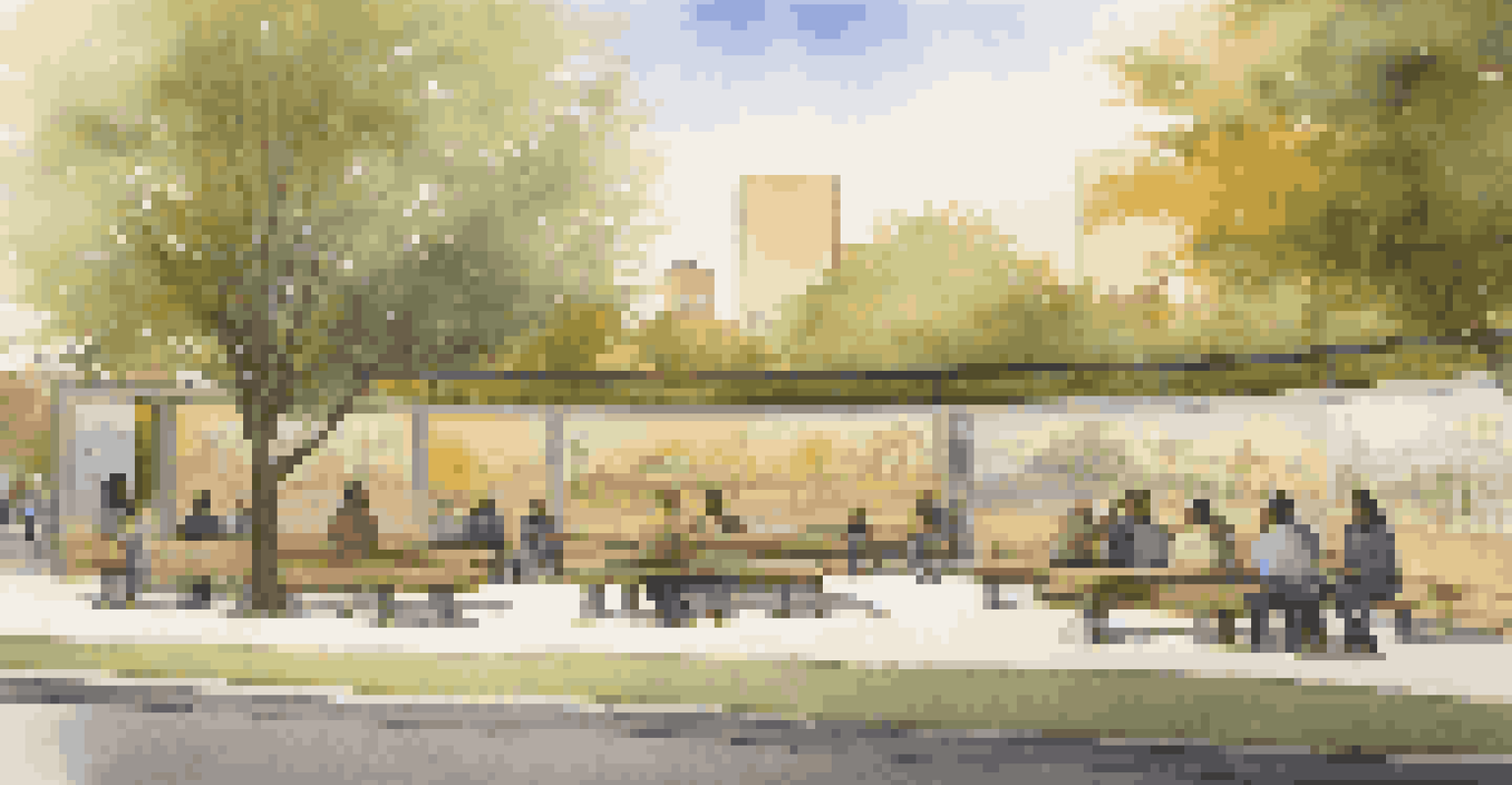 An outdoor public art installation showcasing a large mural surrounded by trees, with benches for community members to converse, bathed in soft evening light.
