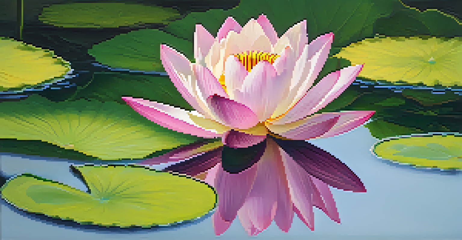 A close-up of a pink lotus flower blooming in a pond, surrounded by lily pads and reflected in the water.