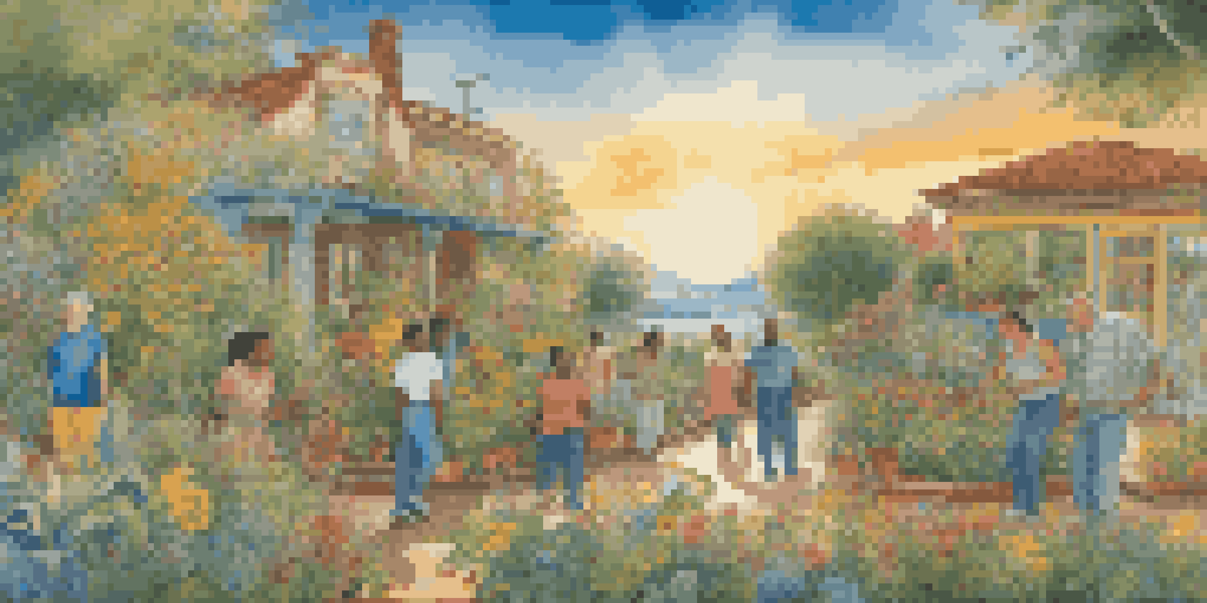 A colorful mural illustrating a diverse group of people working together in a community garden filled with blooming flowers, under a bright blue sky.