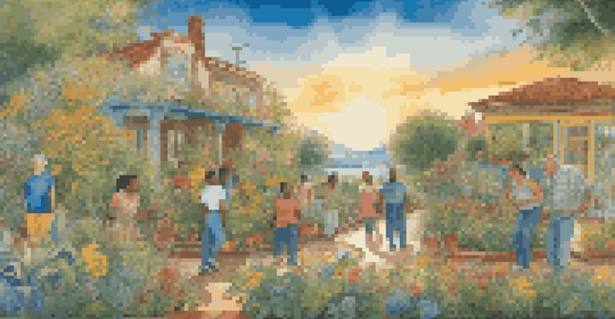 A colorful mural illustrating a diverse group of people working together in a community garden filled with blooming flowers, under a bright blue sky.