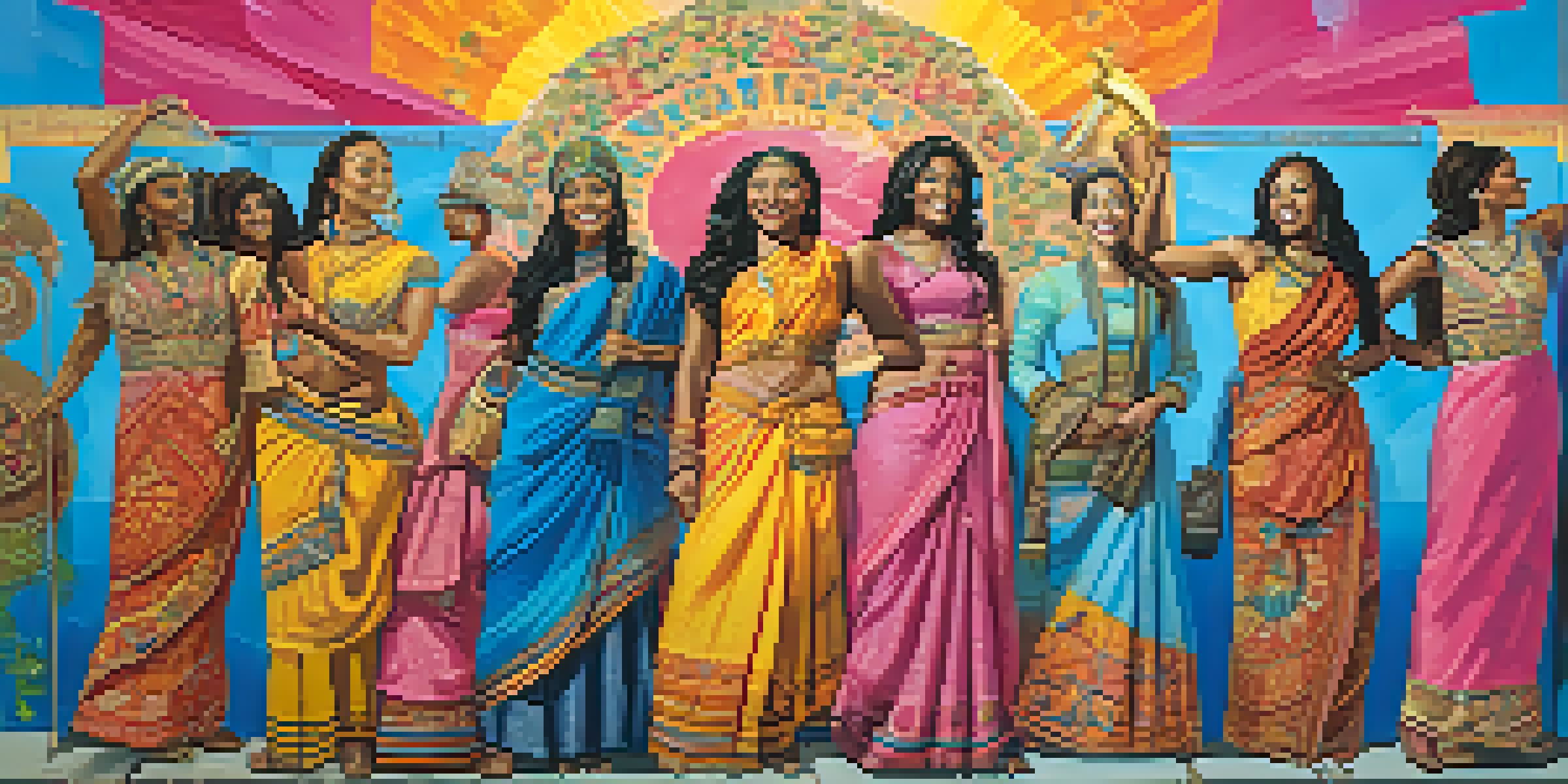 A colorful mural showcasing a diverse group of women celebrating their achievements in front of a city backdrop.