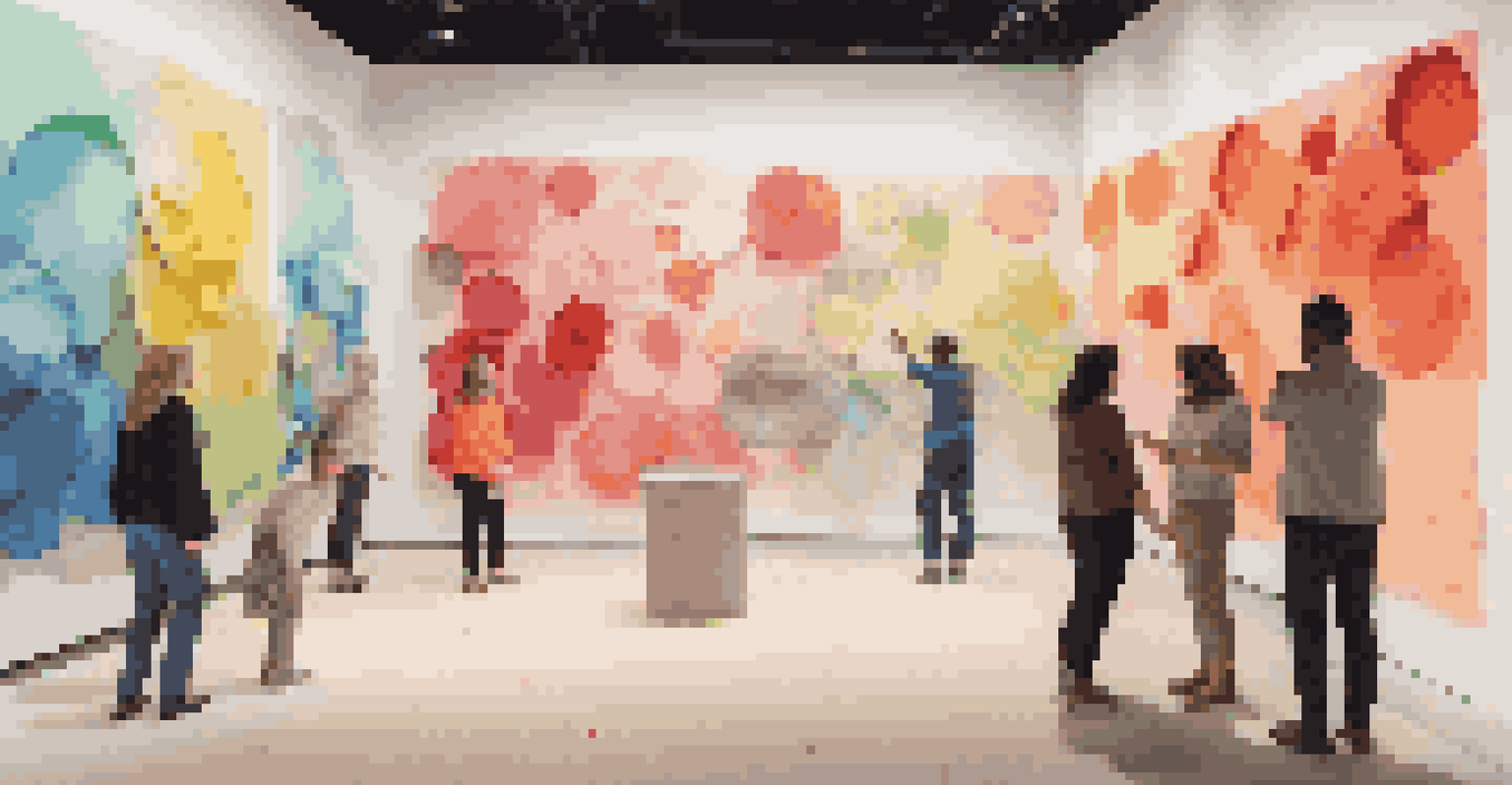 An interactive art installation with tactile elements and augmented reality, featuring diverse individuals engaging with the artwork. Soft lighting creates a welcoming ambiance.