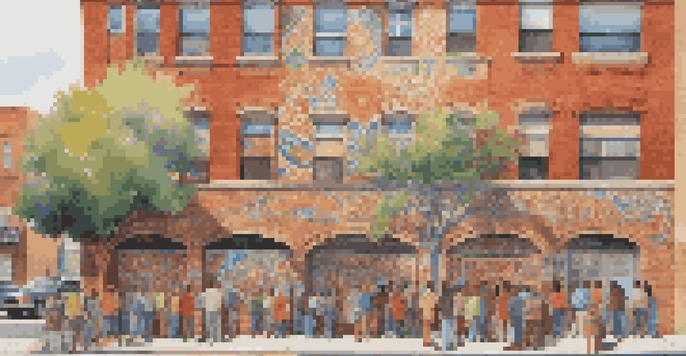 A colorful community mural on a brick wall, showcasing diverse cultural themes, with people admiring it in a lively neighborhood.