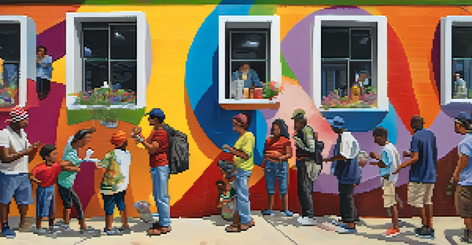 An artist paints a colorful mural on a community wall, with local residents collaborating and sharing ideas.