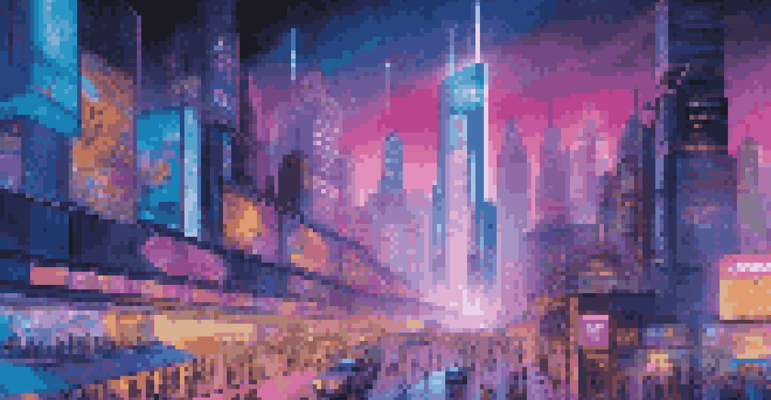 A vibrant digital artwork of a futuristic city at night with neon lights and flying vehicles.