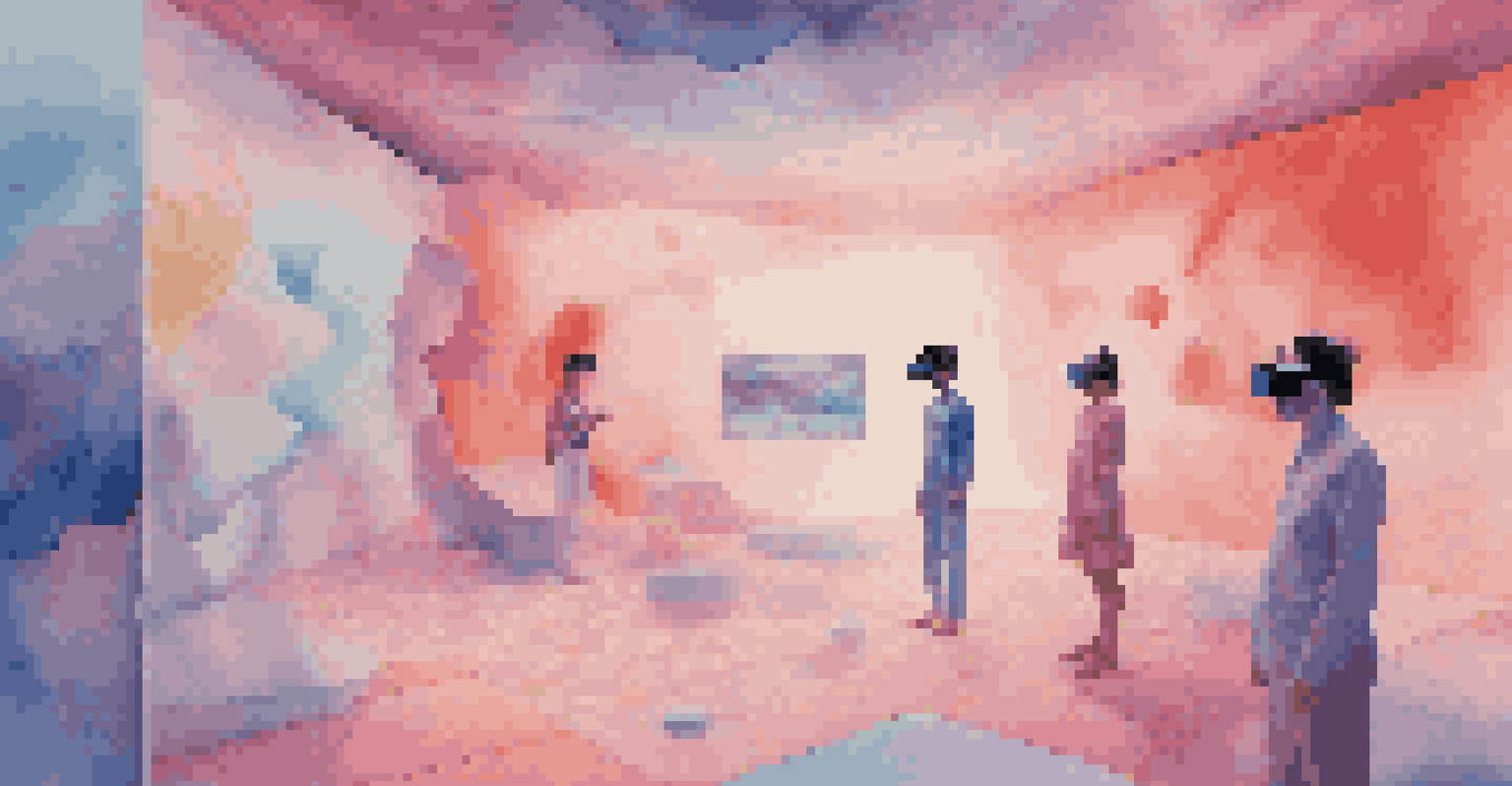 A person using a VR headset surrounded by floating abstract shapes representing gender identities in a colorful digital landscape.